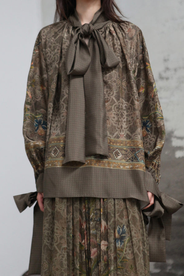 INTO THE EAST 25 Autumn/Winter Silk Print Lace-Up Shirt ITE-E1DGAW014GR21TP-LV Green